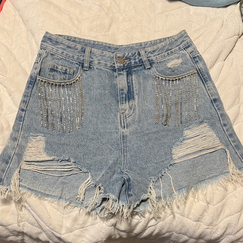 Cider Rhinestone Fringe Jean Shorts